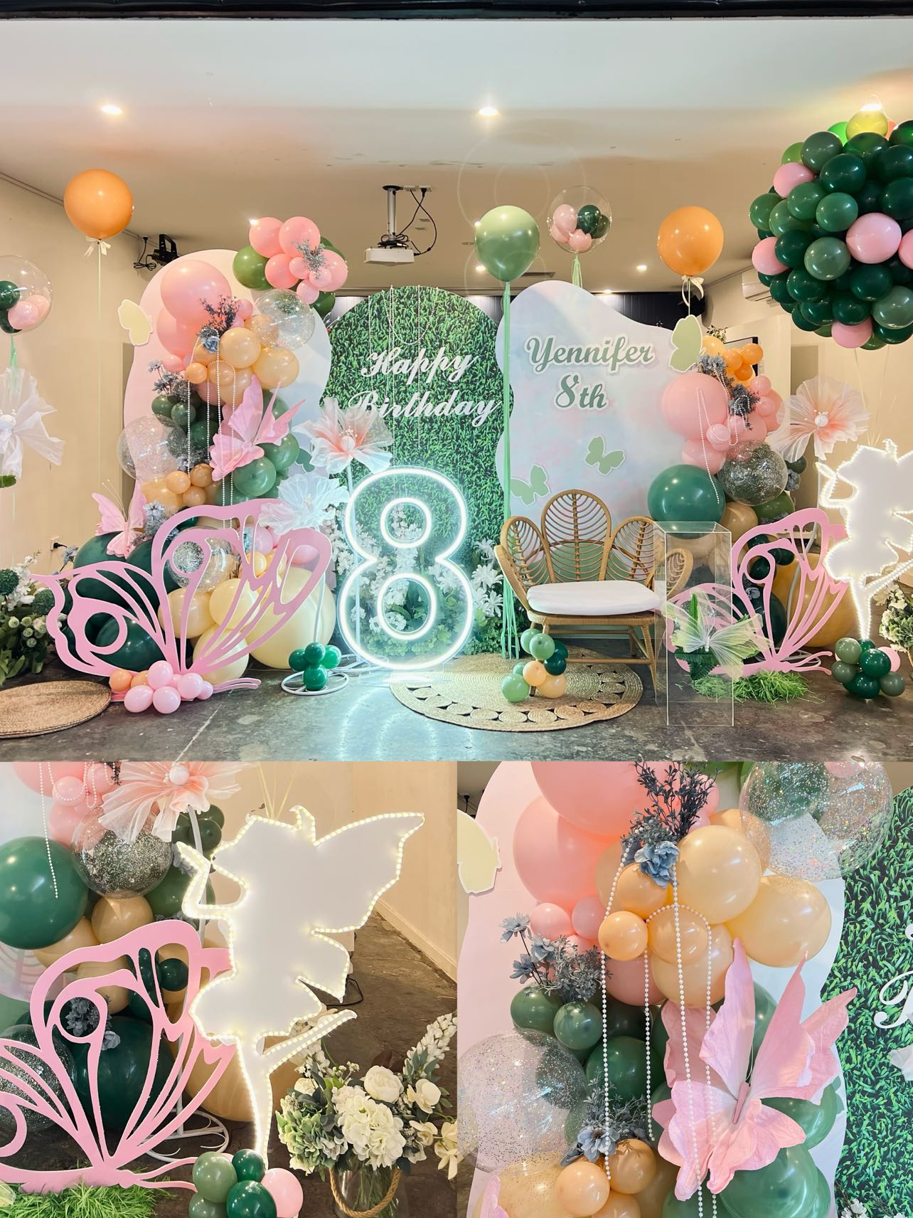 Magical fairy themed 8th birthday with pink and green decorations and neon lights