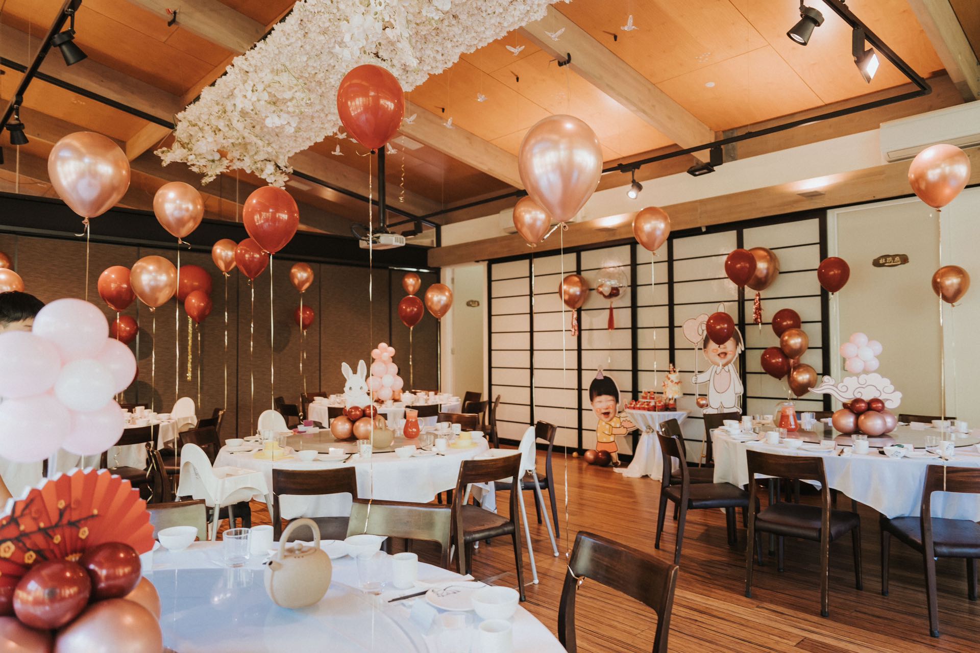 Sweet birthday setup at Japanese restaurant with rose gold and white balloons