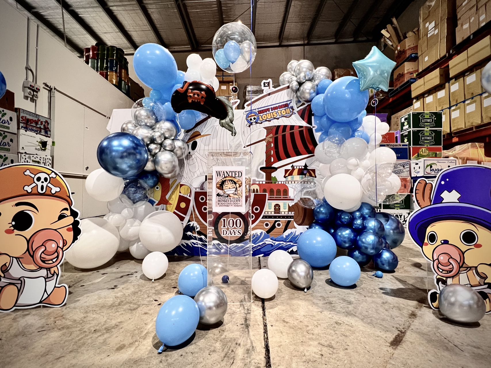 One Piece themed 100 days celebration with blue and silver balloons