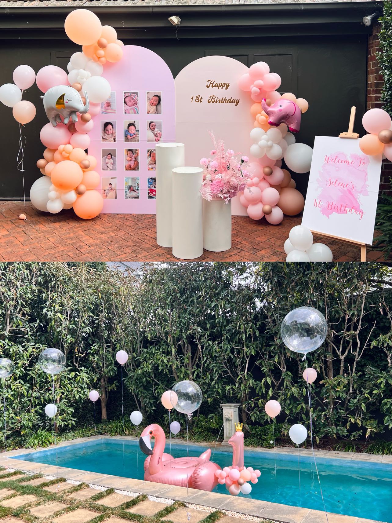 Fun pool party celebration with pink flamingo and balloon decorations