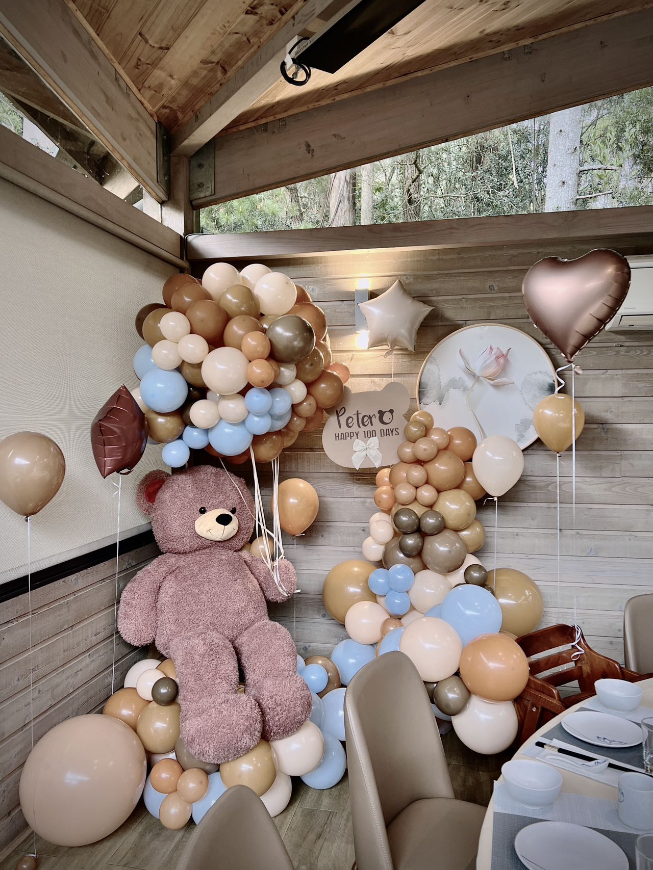 Adorable teddy bear themed party with pink and blue balloons